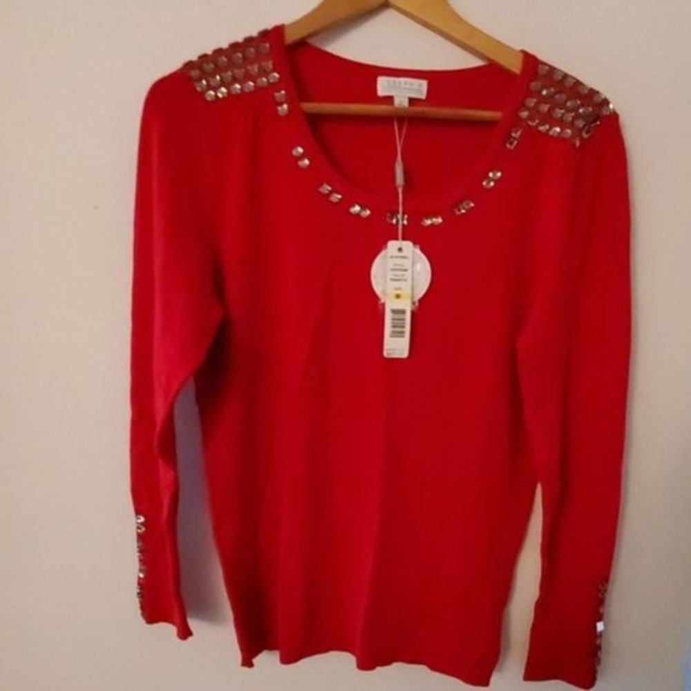 Joseph A. Gem Embellished Sweater Poinsettia Red M